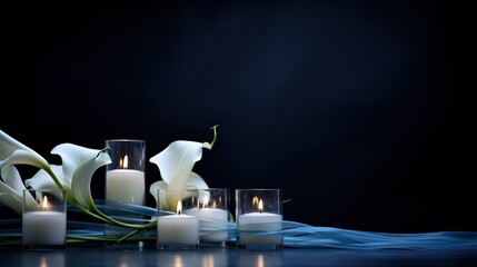 Serene Elegance: White calla lilies gracefully poised beside glowing candles on a silky navy fabric. - 668878822