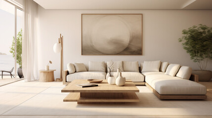 Minimalistic interior design style, living room with clean line and neutral tones, with natural elements, calming, relaxing, tranquility