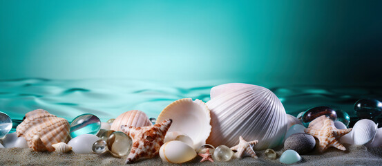 Serene oceanic tableau featuring vibrant seashells, marbles, and a starfish