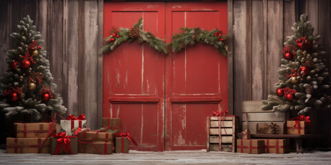 Fototapeta na wymiar Red vintage rustic barn door, backdrop for photography, christmas trees with gifts and christmas decor