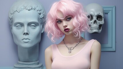 cute woman, pastel goth aesthetic, copy space, 16:9
