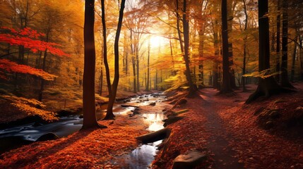 deciduous forest, vivid colors, autumn mood, copy space, 16:9