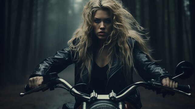 woman, biker aesthetic or outfit, copy space, 16:9