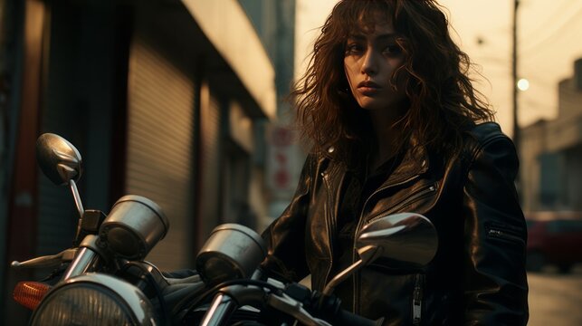 woman, biker aesthetic or outfit, copy space, 16:9