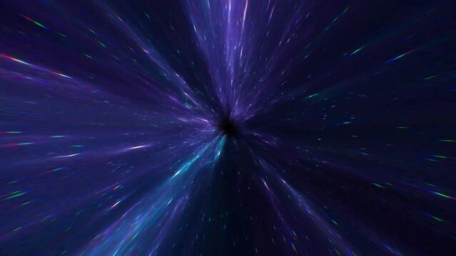 Seamless loop animation of flying through glowing outer space warp drive effect with glowing blue particles and starlight trails. Ideal for sci-fi scenes, VFX, and immersive projections.