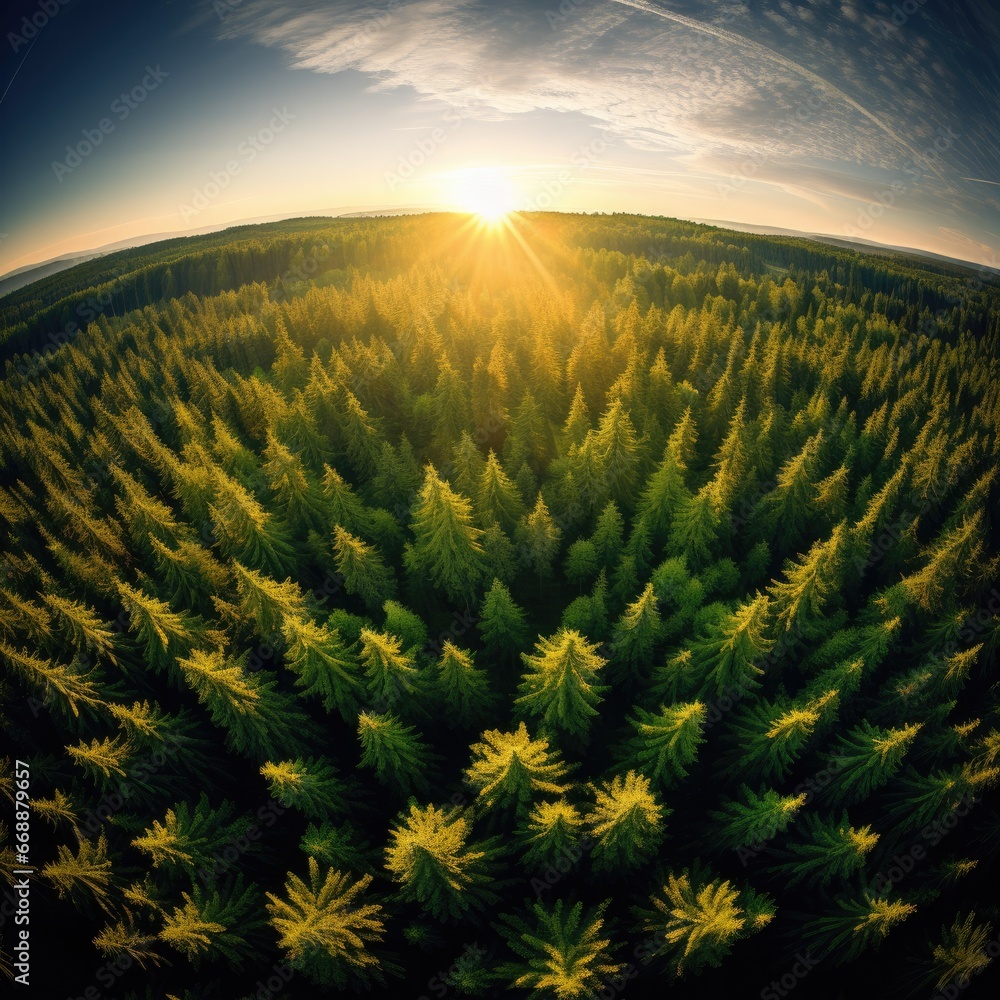 Poster the sun is setting over a field of pine trees. generative ai.