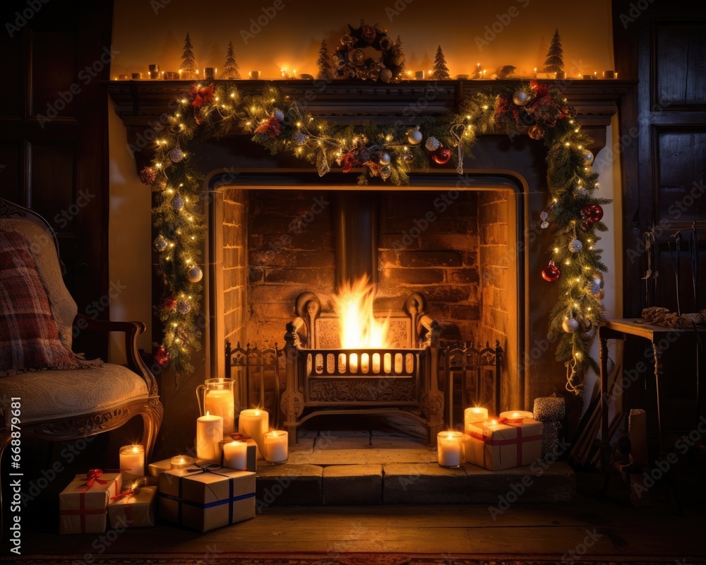 Poster A fireplace with candles and presents in front of it. Generative AI.