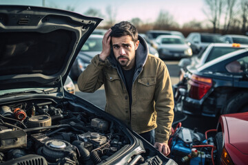 A surprised man, clearly upset, examines the exposed engine of his car, trying to make sense of the unexpected breakdown situation