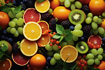 Various fruits like grapes, apples, and citrus fruits make up a vibrant fruit-filled background, ideal for enhancing the visual appeal of your designs