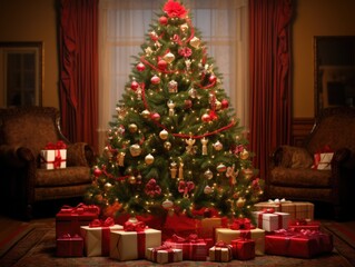 Fototapeta na wymiar A decorated christmas tree in a living room. Generative AI.