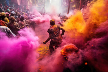 Vibrant Holi festival scene. People smearing each other with vivid pigments, transforming the city into a canvas of colors and shared happiness - obrazy, fototapety, plakaty