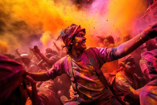 Holi celebration in the heart of the city. Revelers showering each other with colorful powders, painting the streets with hues of joy and unity