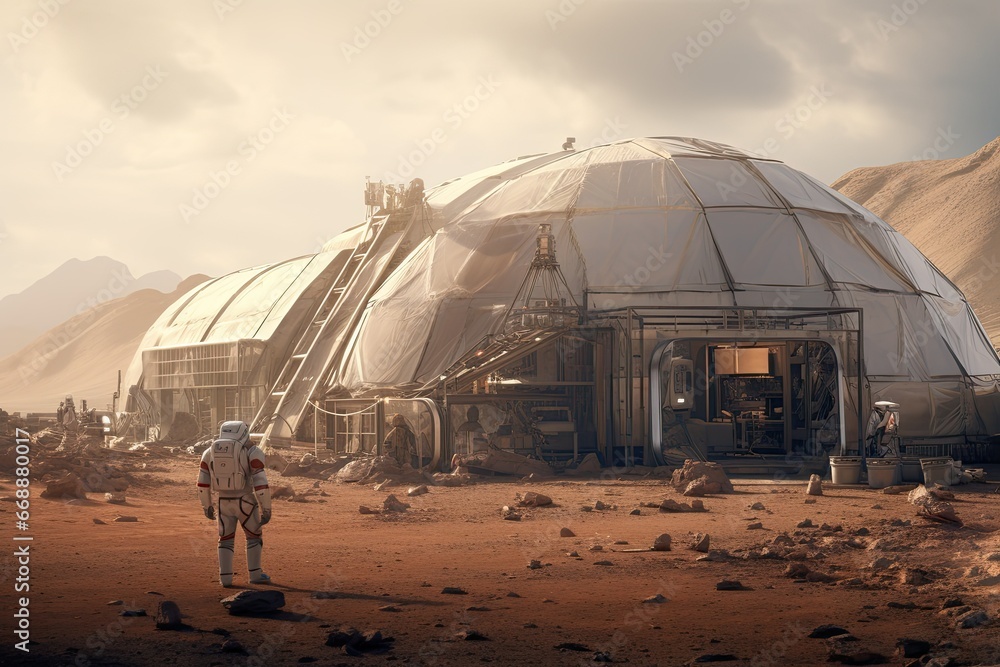 Poster astronaut in the open space, 3d rendering toned image, a team of astronauts arrives on mars and disc