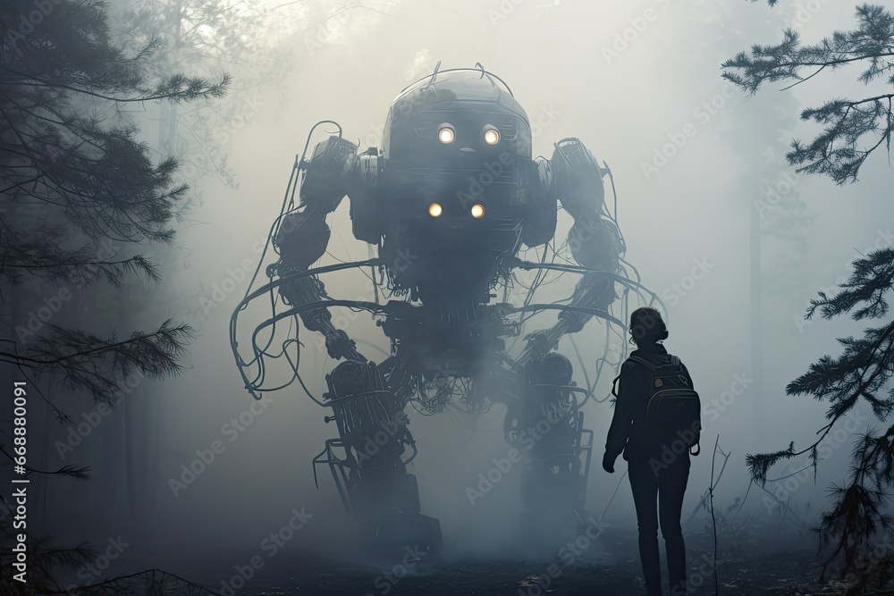 Poster astronaut in the misty forest, 3d rendering, high tech aliens and robots mysterious smoky situation,