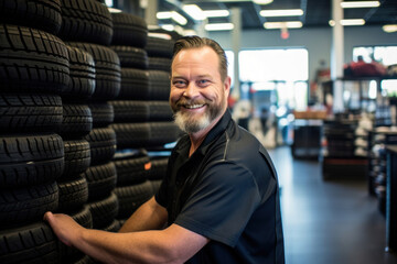 A friendly salesperson at a tire store greets customers, his smile and professionalism ensuring customers find the perfect tires for their vehicles - obrazy, fototapety, plakaty