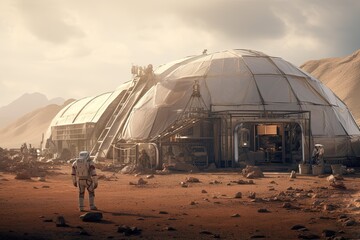 Astronaut in the open space, 3d rendering toned image, A team of astronauts arrives on Mars and discovers, Contrasting Martian Landscape, Spaceman exploring nameless planet - obrazy, fototapety, plakaty