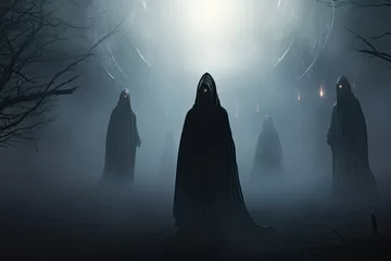 Fotobehang Halloween spooky background with ghosts and fog, 3d rendering, aliens, mysterious aliens in foggy and smoky surface, mysterious forest © Jahan Mirovi