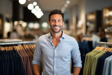 A content, smiling man happily explores a variety of suits in a fashionable men's clothing store, his satisfaction evident in his bright smile - obrazy, fototapety, plakaty