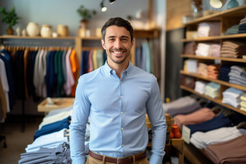 A delighted man in a men's clothing store admires the stylish attire, his cheerful expression reflecting his joy in finding the perfect outfit