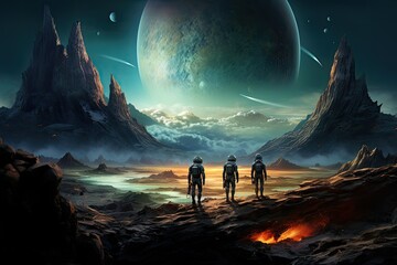 Fantasy alien planet, 3D illustration of astronauts, standing on the surface of an alien planet,...