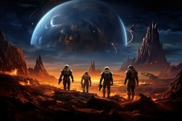 Astronauts in space, Science fiction illustration, a team of astronauts exploring alien planet, Huge city in the desert against the backdrop of an alien planet, spacemen - obrazy, fototapety, plakaty
