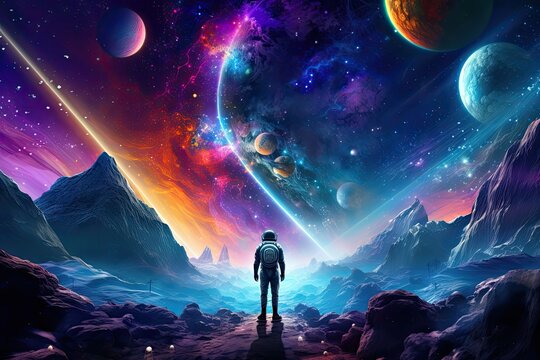 Astronaut in space with planets and stars, 3D rendering, Astronaut cosmonaut stands on bridge of reflecting stars, billions of stars and galaxies. Discovering new worlds.