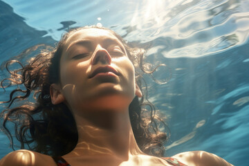 A peaceful woman rests in the water, her countenance emanating tranquility - obrazy, fototapety, plakaty