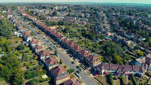 Aerial Shot Looking Down of London Properties suburb houses 