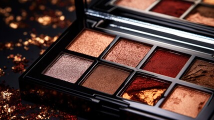 Closeup of Brown Eyeshadow with Glitter in Makeup Palettes - Shimmering Beauty Essentials