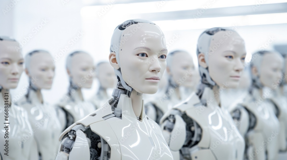 Poster a group of robots standing next to each other. generative ai.