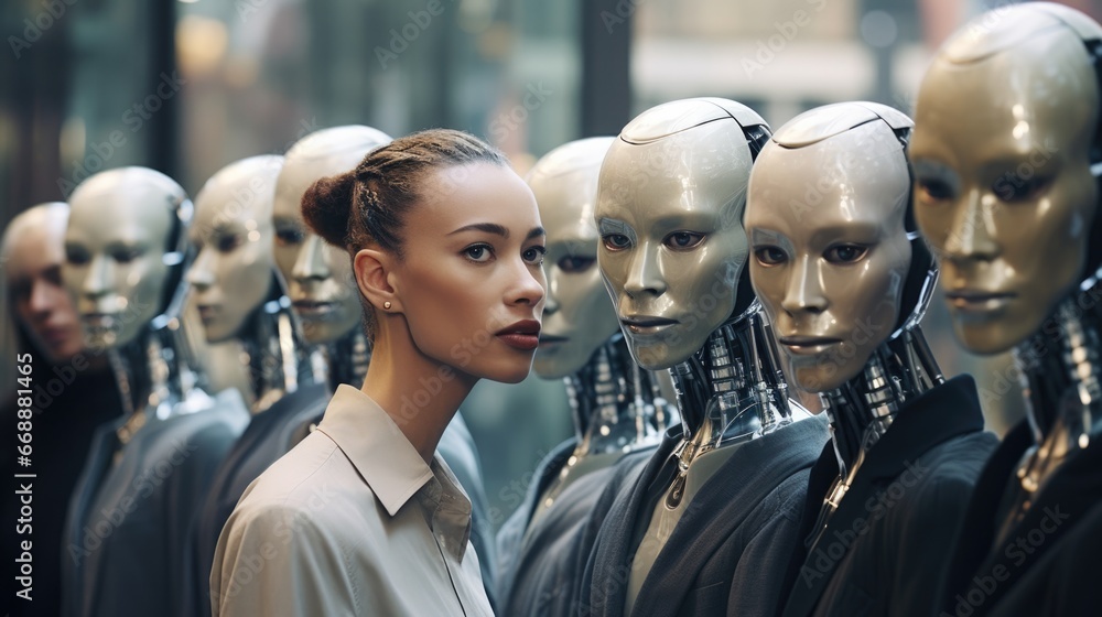 Poster a woman standing in front of a group of robots. generative ai.
