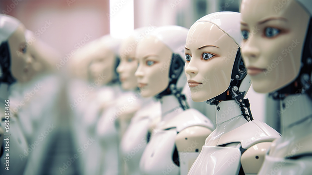 Poster a row of robot mannequins lined up in a row. generative ai.