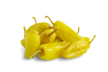 Pile of pickled yellow peppers, pepperoncini isolated on white, transparent background, PNG. Hot...