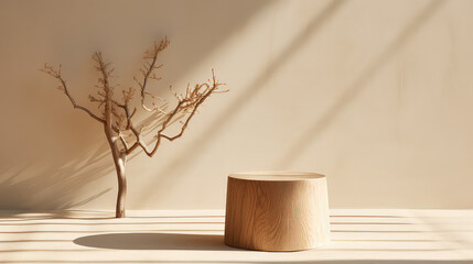 Wooden stump podium template for product demonstration. Showcase mockup of natural materials in 3d render illustration style.