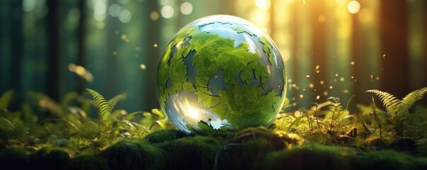 A glass globe sitting on top of a lush green forest. Generative AI. - Powered by Adobe
