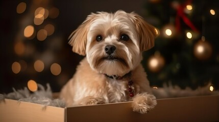 A gift for a Christmas. Little cute puppy fluffy domestic pet dog sitting into the gift box. Magic Christmas night with garland lights. New Year Eve and Merry Christmas holiday celebration.