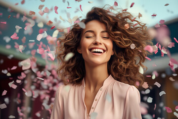 A fashionable woman in pink glasses is celebrating an some event