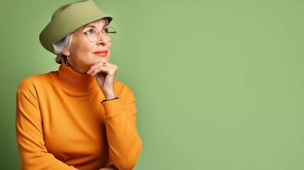 Ältere Frau mit Hut und Pullover blickt nachdenklich  - obrazy, fototapety, plakaty