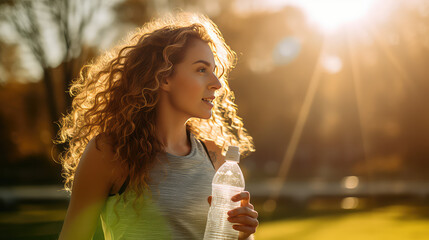 Young woman drink water from a bottle after jogging outside in the street on a sunny day. Water balance in the body during outdoor sports. - obrazy, fototapety, plakaty