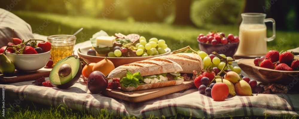 Wall mural A picnic table with a sandwich, fruit, and juice. Generative AI.