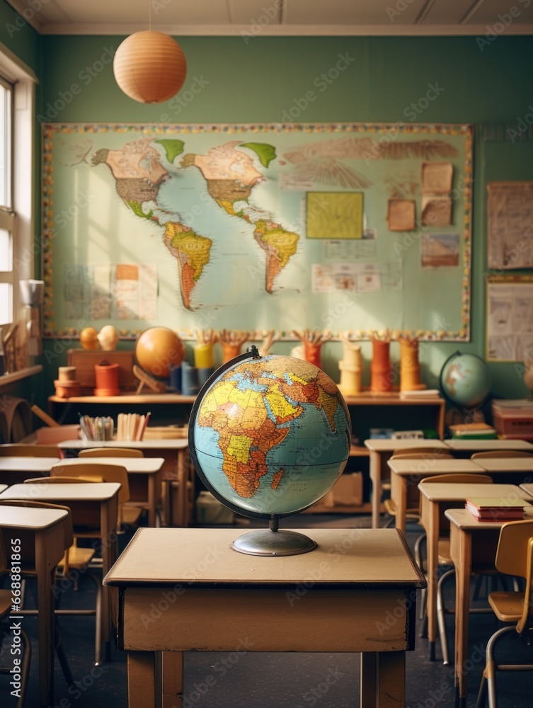 Aufkleber a retro classroom with a globe on a desk. generative ai.