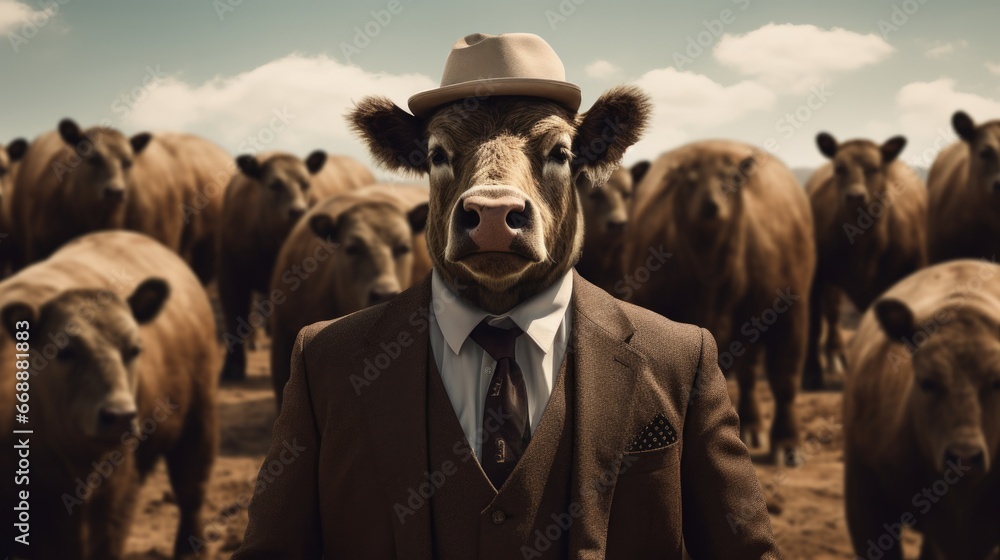 Poster a bull in a suit and hat standing in front of a herd of cows. generative ai.