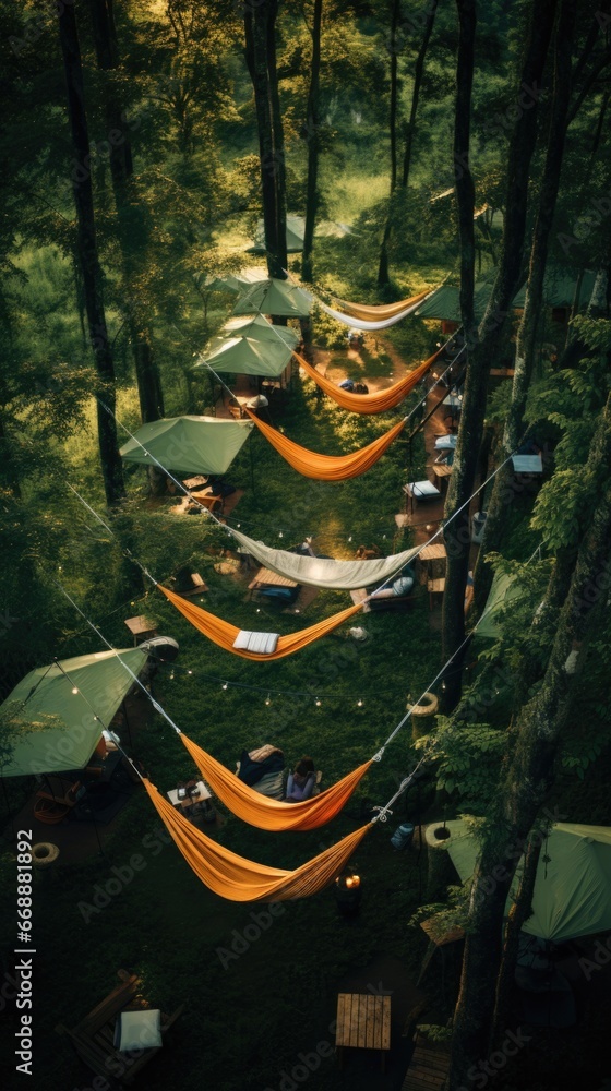 Poster a group of hammocks in a forest. generative ai.