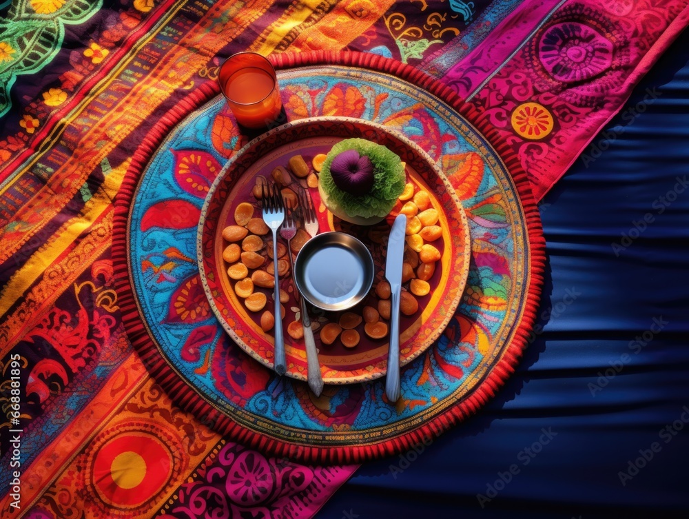 Aufkleber a colorful table setting with a plate of food and utensils. generative ai.
