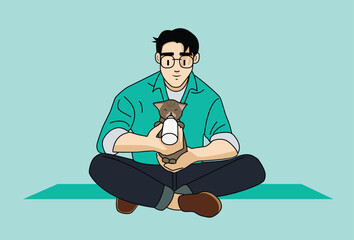 Person Raising, Fostering Orphaned baby Kitten, Sitting On Lap, Feeding with A Bottle of Milk For Healthy Nourishment 