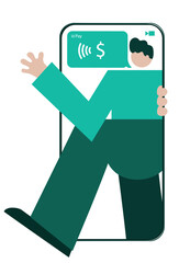 Person Steps Out of Cell Phone Making An Easy Contactless Payment and Cashless Payment
