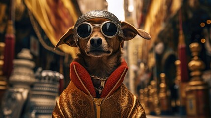 A dog wearing goggles and a gold jacket. Generative AI.