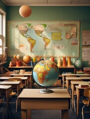 A retro classroom with a globe on a desk. Generative AI.