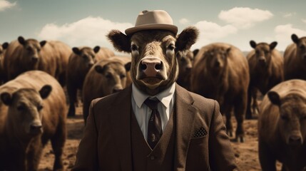 A bull in a suit and hat standing in front of a herd of cows. Generative AI. - obrazy, fototapety, plakaty