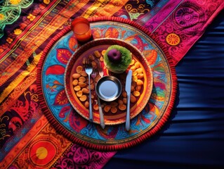 A colorful table setting with a plate of food and utensils. Generative AI.